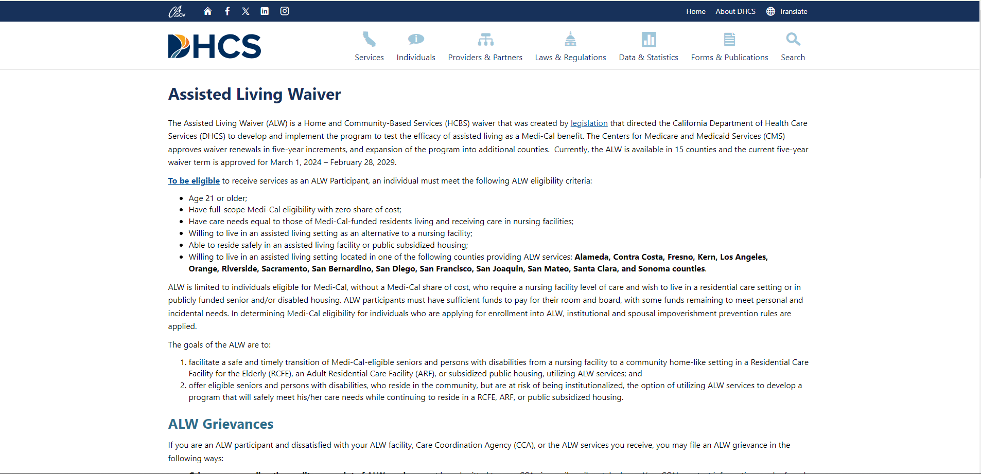 Assisted Living Waiver website screenshot