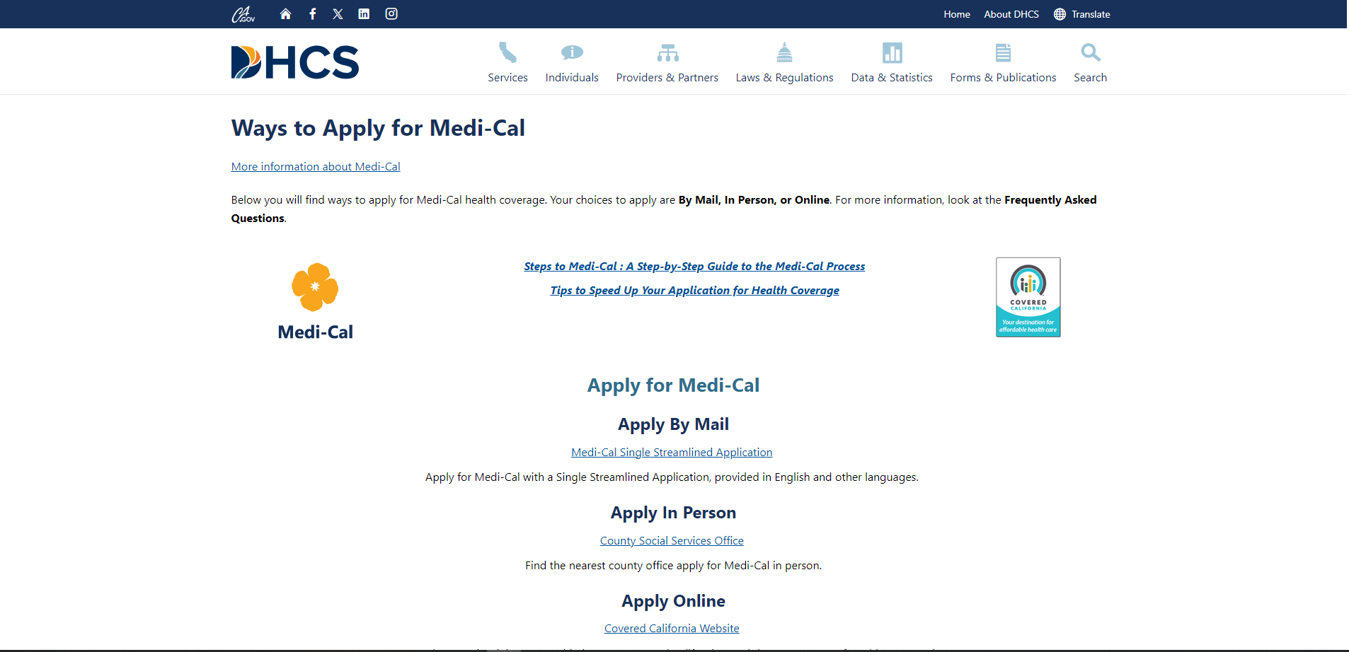 MediCal website screenshot